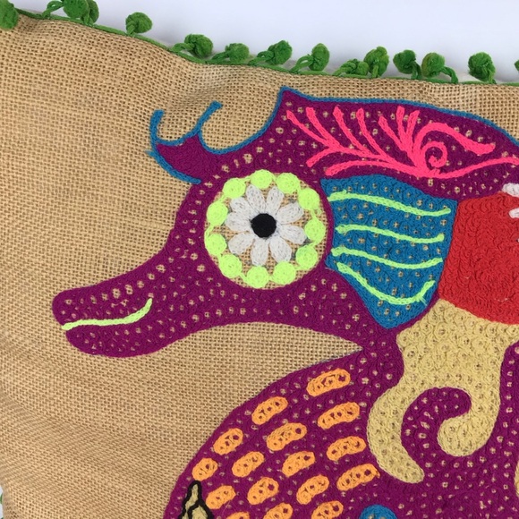Tropical bright embroidered seahorse pillow covers/burlap with Pom fring-2pc set - Picture 12 of 16